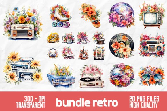 Download Retro Watercolor Flowers Bundle Design - Watercolor flower Collection